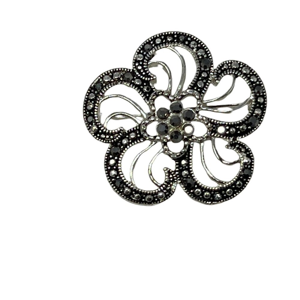 Vintage Brooch Silver Tone Flower Black Stones Swirl Pin